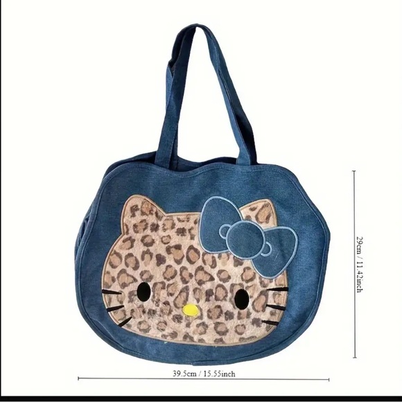 🆕 Hello Kitty Leopard Denim Tote Bag, Canvas Shoulder Large Capacity Women's - Picture 7 of 10